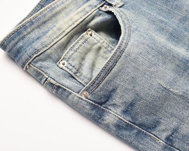 Men's Distressed Washed Water Ripped Blue Jeans - PratSN