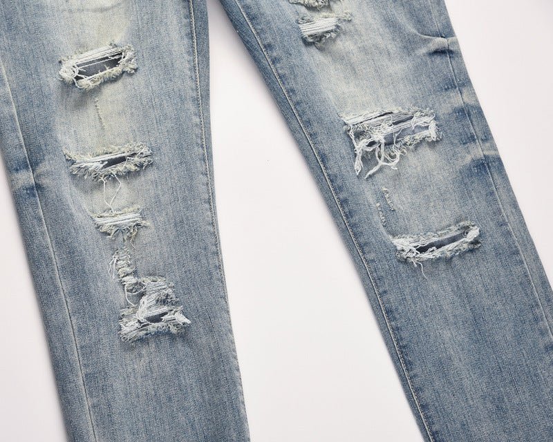 Men's Distressed Washed Water Ripped Blue Jeans - PratSN