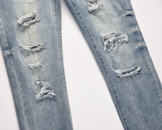 Men's Distressed Washed Water Ripped Blue Jeans - PratSN