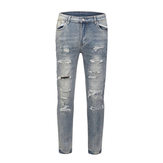 Men's Distressed Washed Water Ripped Blue Jeans - PratSN