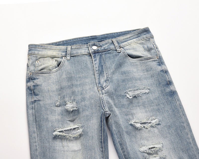 Men's Distressed Washed Water Ripped Blue Jeans - PratSN