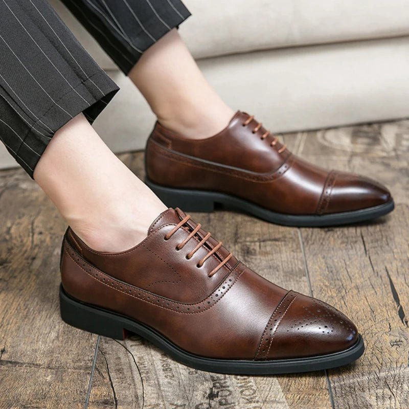 Men's Dress Shoes Red Sole Leather Shoes Pointed Party Shoe Lace - up Office Oxfords Casual Wedding Shoe Retro Business Men Shoes - PratSN