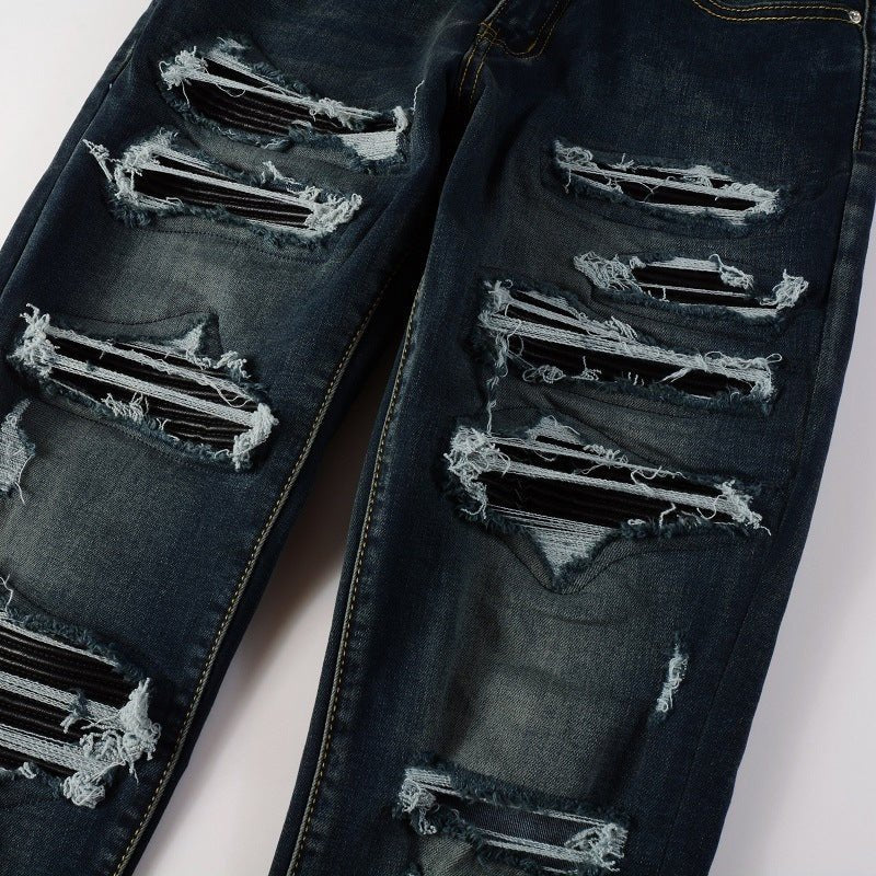 Men's European And American High Street Jeans Blue Ripped - PratSN