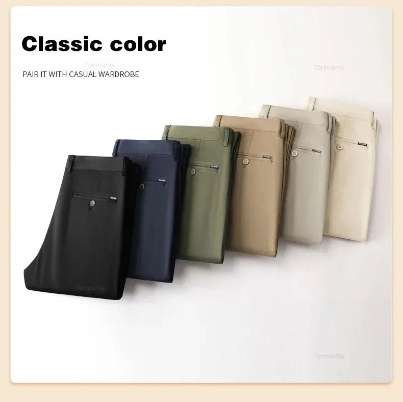 Men's Fashion Casual Pants Classic Style Business Straight Brand Fashion Anti - wrinkle Trousers Solid Color ArmyGreen Beige Khaki - PratSN