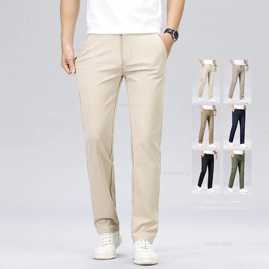 Men's Fashion Casual Pants Classic Style Business Straight Brand Fashion Anti - wrinkle Trousers Solid Color ArmyGreen Beige Khaki - PratSN