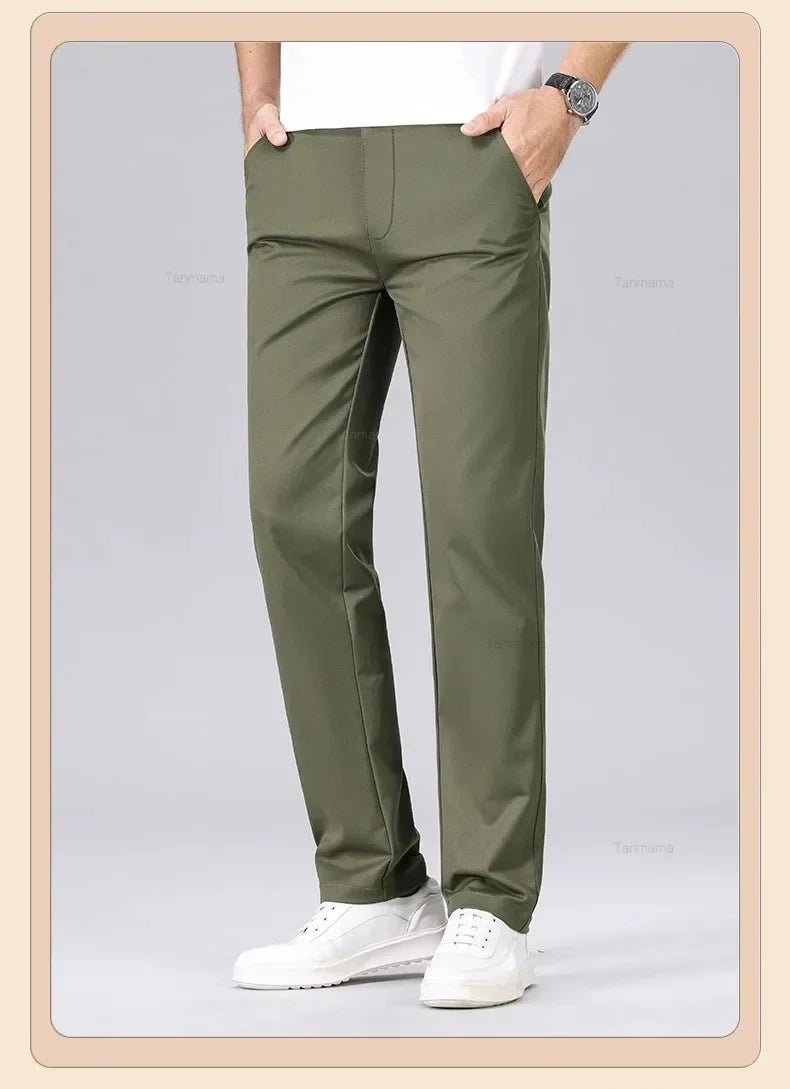 Men's Fashion Casual Pants Classic Style Business Straight Brand Fashion Anti - wrinkle Trousers Solid Color ArmyGreen Beige Khaki - PratSN