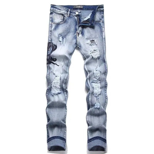 Men's Fashion Customized Men's Jeans Clothing Supplier Hip - hop Style Design Embroidery Fringe Tattered Straight - Leg Pants Men - PratSN