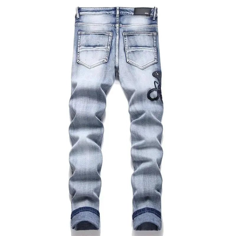 Men's Fashion Customized Men's Jeans Clothing Supplier Hip - hop Style Design Embroidery Fringe Tattered Straight - Leg Pants Men - PratSN