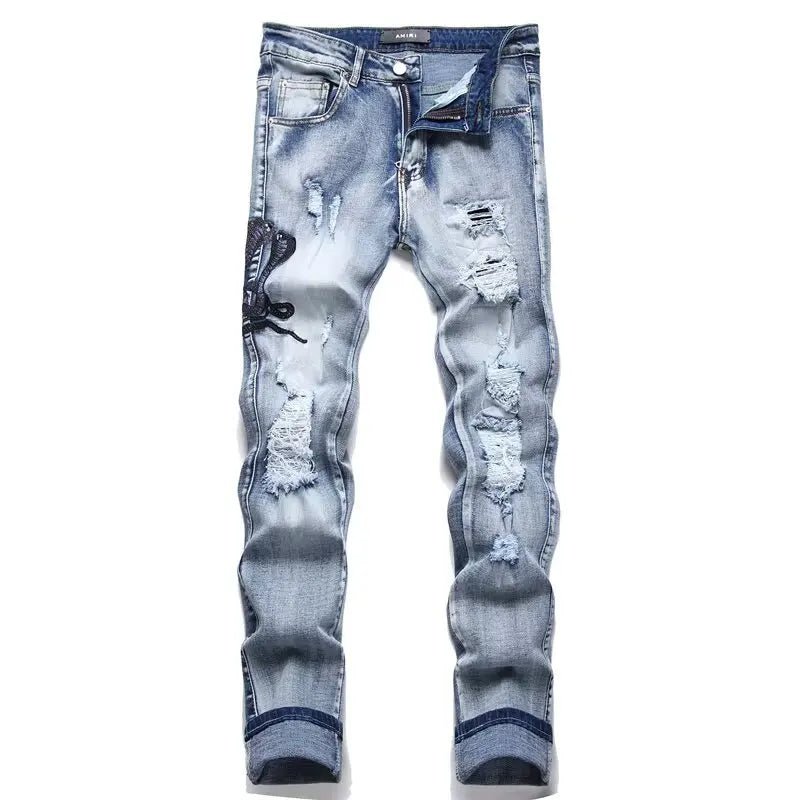 Men's Fashion Customized Men's Jeans Clothing Supplier Hip - hop Style Design Embroidery Fringe Tattered Straight - Leg Pants Men - PratSN