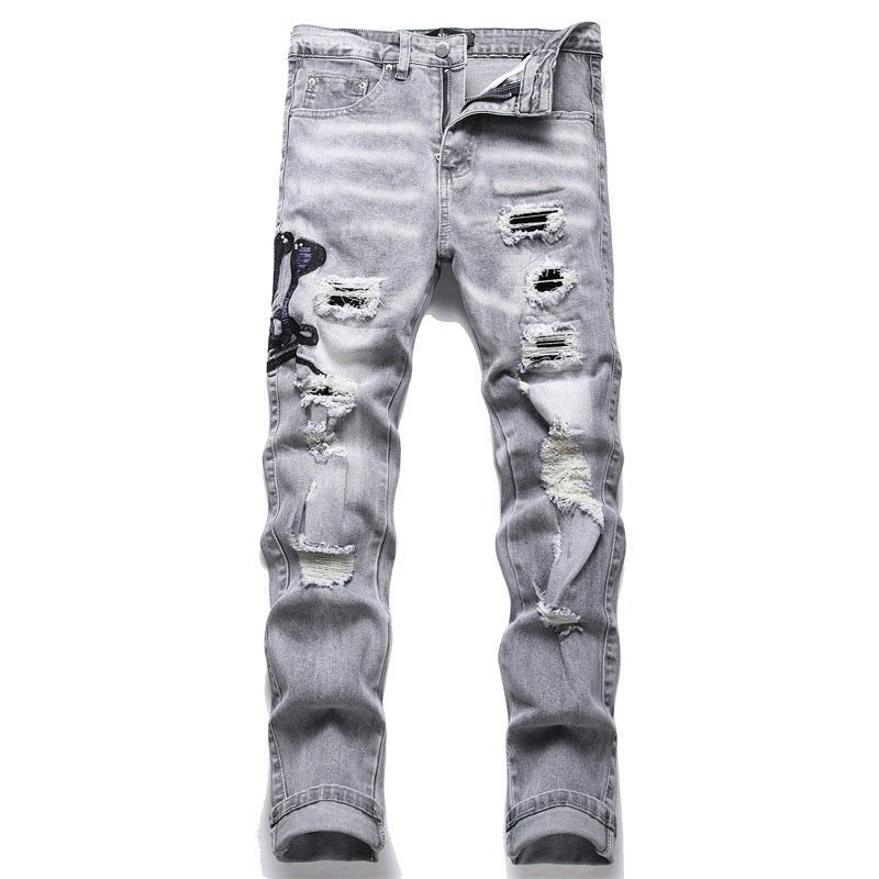 Men's Fashion Gray Hole Patch Embroidery Cobra Stretch Feet Jeans - PratSN