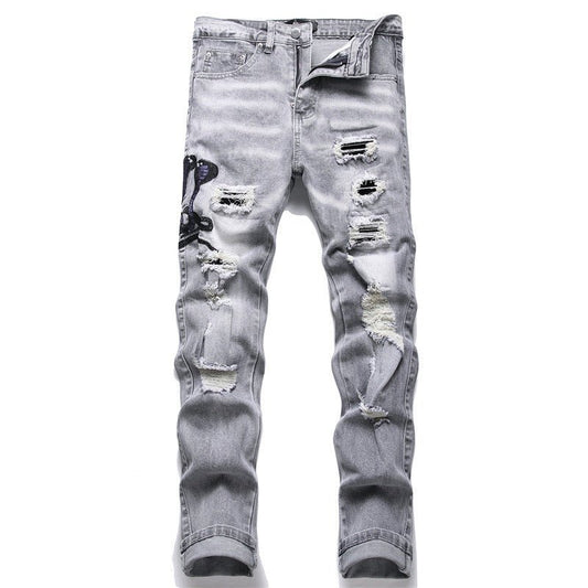 Men's Fashion Gray Hole Patch Embroidery Cobra Stretch Feet Jeans - PratSN