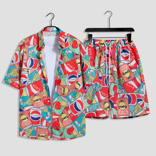 Mens Fashion Print Sets Short Sleeve Shirt+Shorts 2Pcs Suit Loose 2024 Summer Casual Beachwear Male Vacation Hawaiian Outfits - PratSN