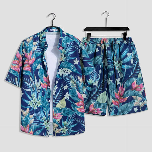Mens Fashion Print Sets Short Sleeve Shirt+Shorts 2Pcs Suit Loose 2024 Summer Casual Beachwear Male Vacation Hawaiian Outfits - PratSN