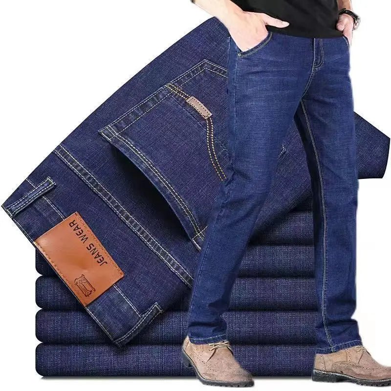 Men's Fitted Stretch Jeans Business Casual Denim Straight Leg Pants Black Blue Trousers - PratSN
