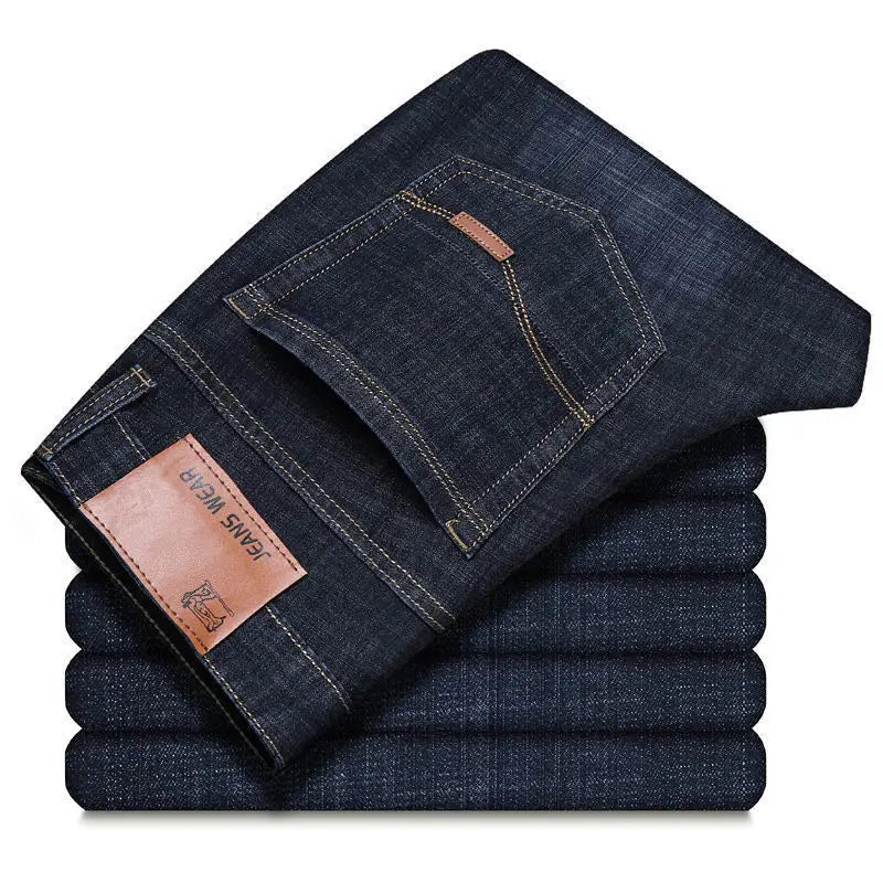Men's Fitted Stretch Jeans Business Casual Denim Straight Leg Pants Black Blue Trousers - PratSN