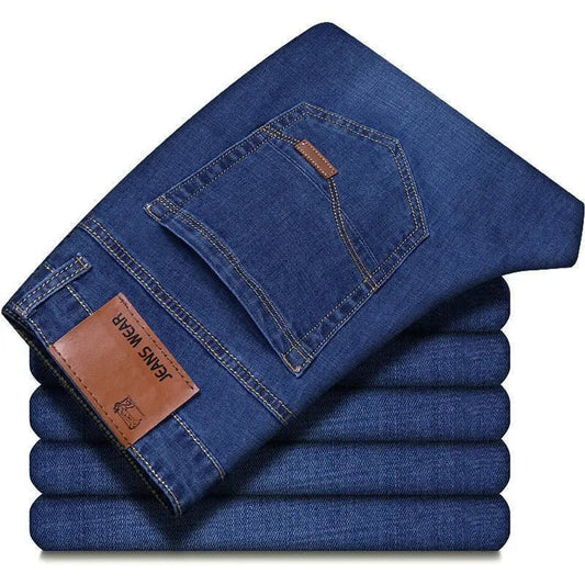 Men's Fitted Stretch Jeans Business Casual Denim Straight Leg Pants Black Blue Trousers - PratSN