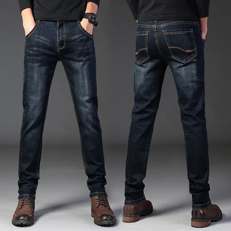 Men's Fitted Stretch Jeans Business Casual Denim Straight Leg Pants Black Blue Trousers - PratSN