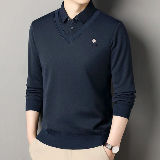 Men's Fleece Lined Sweater Polo Collar Pullover Tops Fashion Business Causal Pullovers Slim Fit Thick Winter - PratSN