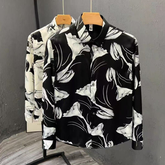 Men's Floral Pattern Slim Fit Print Long Sleeve Shirt - PratSN
