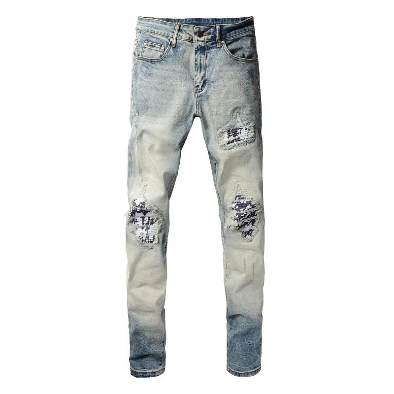 Men's Hip Hop Patchwork Printed Skinny Jeans Wholesale Dropshipping Ripped Slim Fit Streetwear Trousers for Autumn/Winter - PratSN