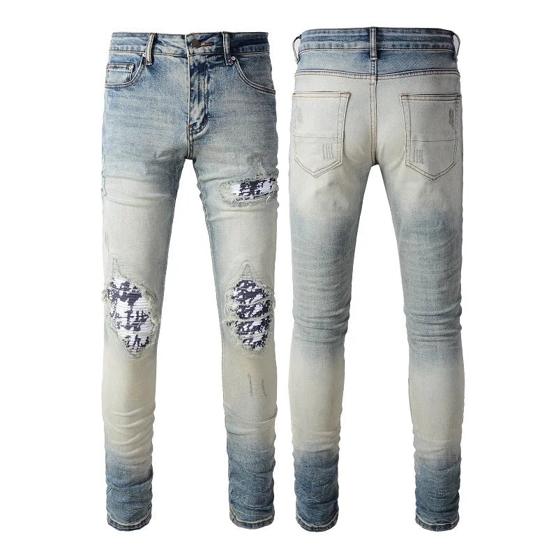 Men's Hip Hop Patchwork Printed Skinny Jeans Wholesale Dropshipping Ripped Slim Fit Streetwear Trousers for Autumn/Winter - PratSN