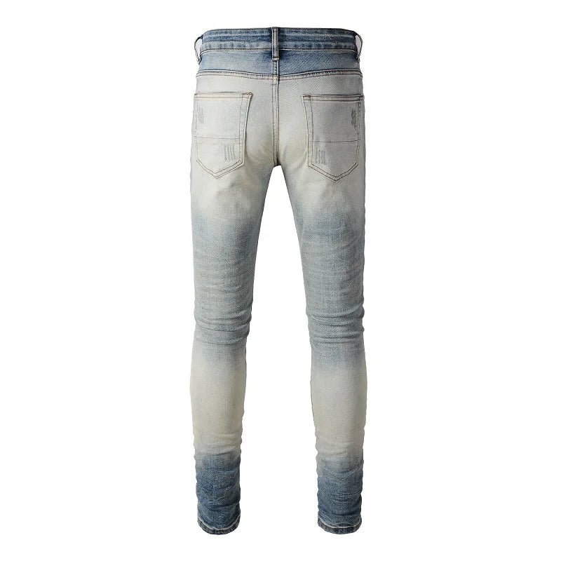 Men's Hip Hop Patchwork Printed Skinny Jeans Wholesale Dropshipping Ripped Slim Fit Streetwear Trousers for Autumn/Winter - PratSN
