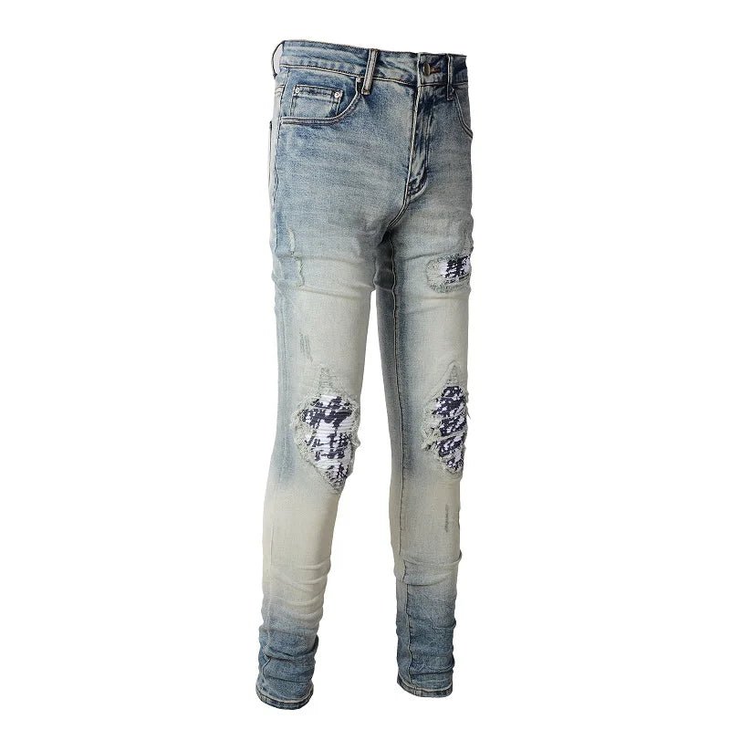 Men's Hip Hop Patchwork Printed Skinny Jeans Wholesale Dropshipping Ripped Slim Fit Streetwear Trousers for Autumn/Winter - PratSN
