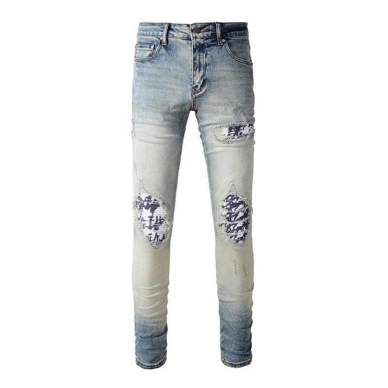 Men's Hip Hop Patchwork Printed Skinny Jeans Wholesale Dropshipping Ripped Slim Fit Streetwear Trousers for Autumn/Winter - PratSN