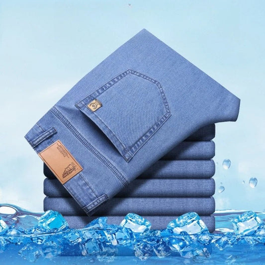 Men's Ice Silk Jeans Summer New Lyocell Thin Business Casual Denim Pants Classic All Match Slim Fit Straight Elastic Jean Male - PratSN