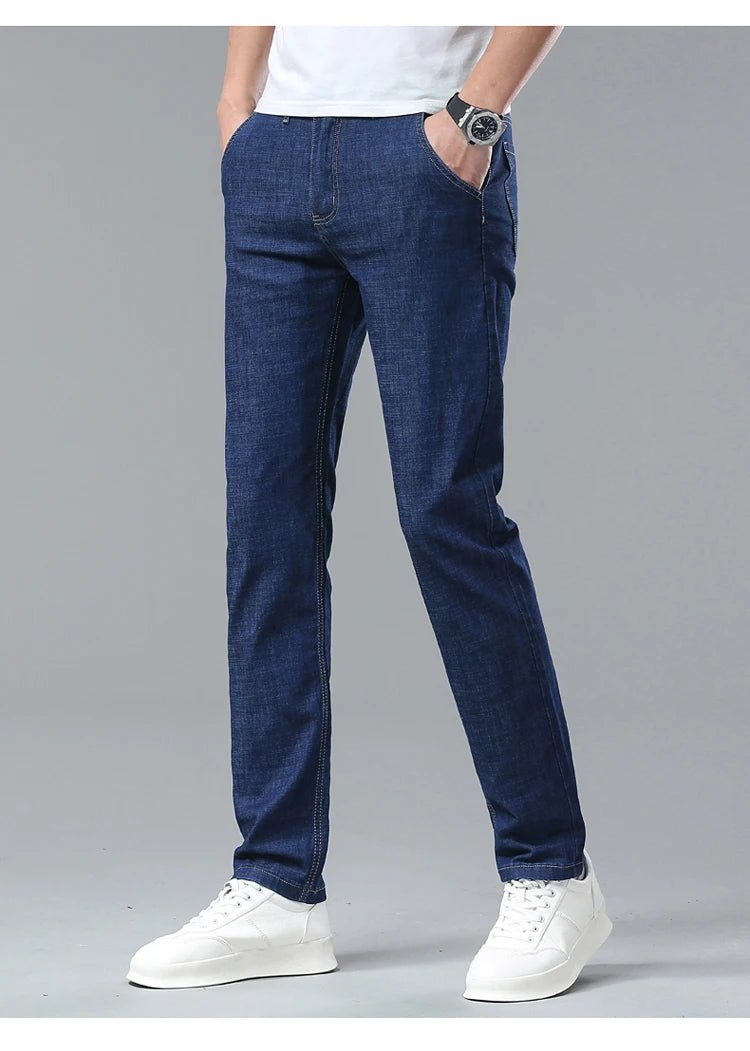 Men's Ice Silk Jeans Summer New Lyocell Thin Business Casual Denim Pants Classic All Match Slim Fit Straight Elastic Jean Male - PratSN