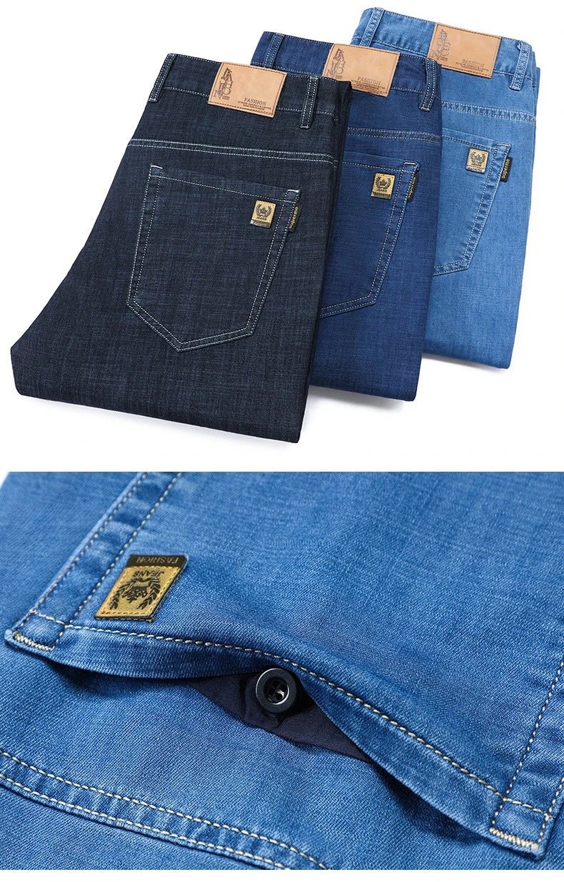 Men's Ice Silk Jeans Summer New Lyocell Thin Business Casual Denim Pants Classic All Match Slim Fit Straight Elastic Jean Male - PratSN