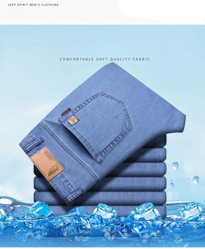 Men's Ice Silk Jeans Summer New Lyocell Thin Business Casual Denim Pants Classic All Match Slim Fit Straight Elastic Jean Male - PratSN