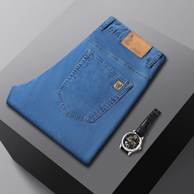 Men's Ice Silk Jeans Summer New Lyocell Thin Business Casual Denim Pants Classic All Match Slim Fit Straight Elastic Jean Male - PratSN