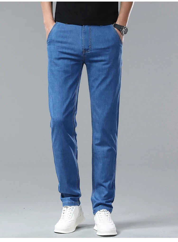 Men's Ice Silk Jeans Summer New Lyocell Thin Business Casual Denim Pants Classic All Match Slim Fit Straight Elastic Jean Male - PratSN