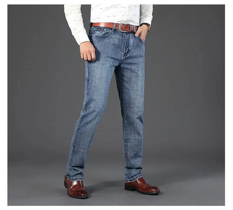 Men's Jeans Casual Straight Stretch Fashion Classic Blue Black Work Denim Trousers - PratSN