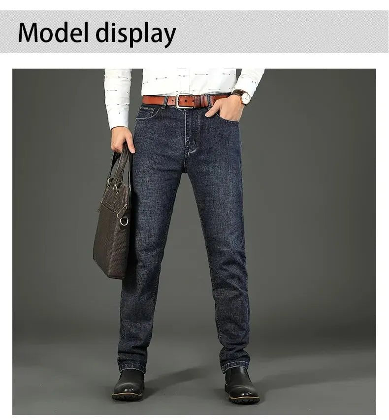 Men's Jeans Casual Straight Stretch Fashion Classic Blue Black Work Denim Trousers - PratSN