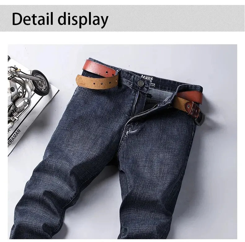 Men's Jeans Casual Straight Stretch Fashion Classic Blue Black Work Denim Trousers - PratSN