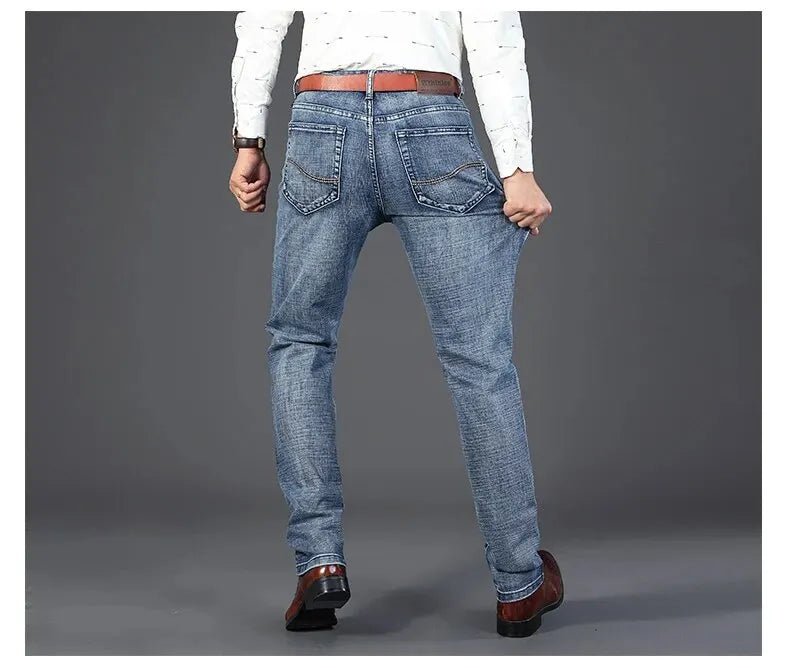 Men's Jeans Casual Straight Stretch Fashion Classic Blue Black Work Denim Trousers - PratSN