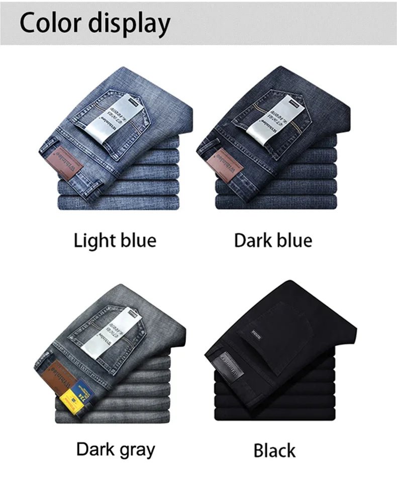 Men's Jeans Casual Straight Stretch Fashion Classic Blue Black Work Denim Trousers - PratSN