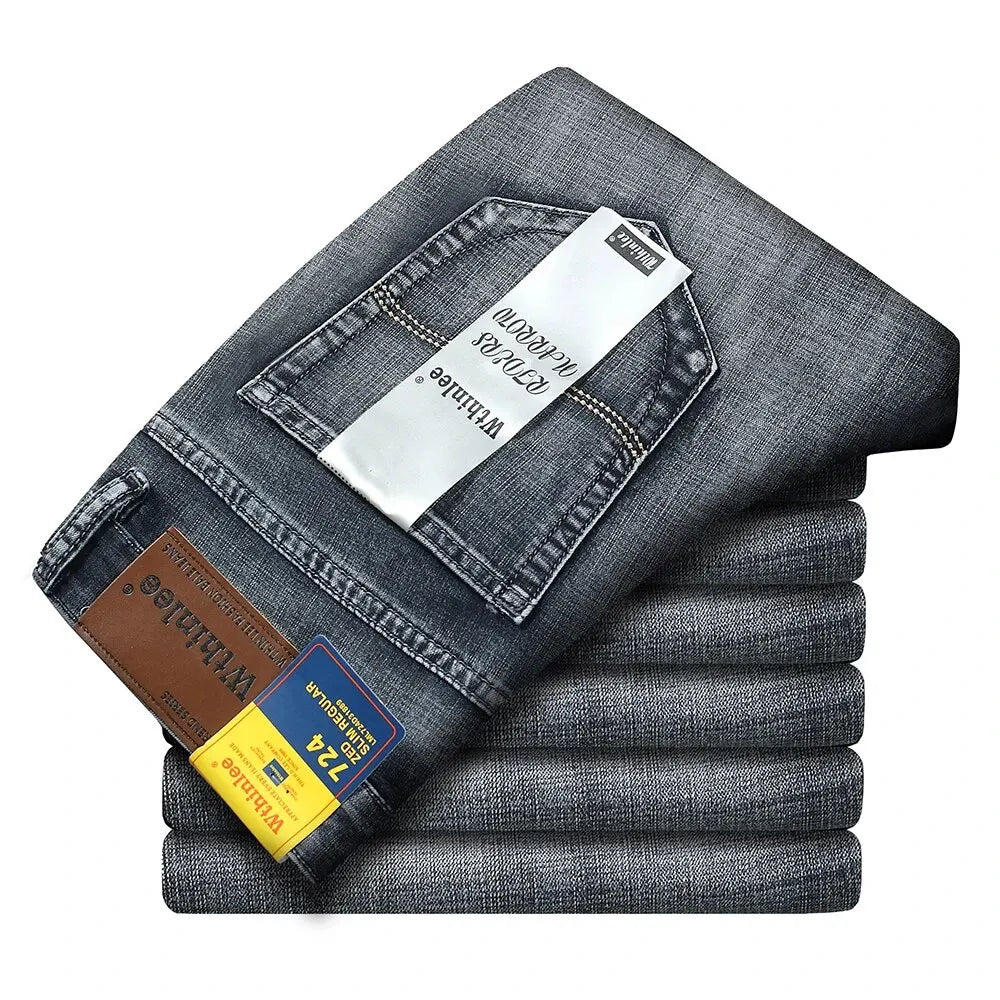 Men's Jeans Casual Straight Stretch Fashion Classic Blue Black Work Denim Trousers - PratSN