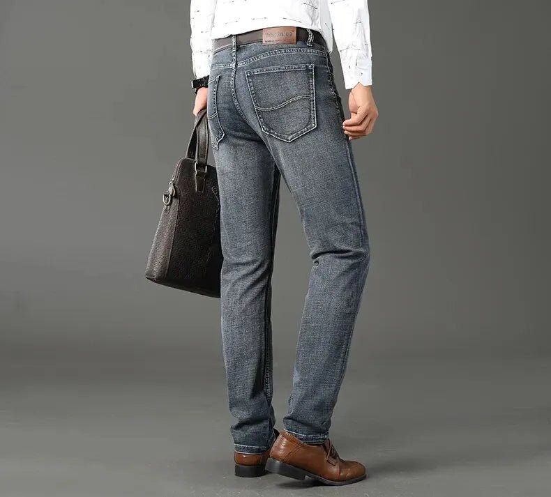 Men's Jeans Casual Straight Stretch Fashion Classic Blue Black Work Denim Trousers - PratSN