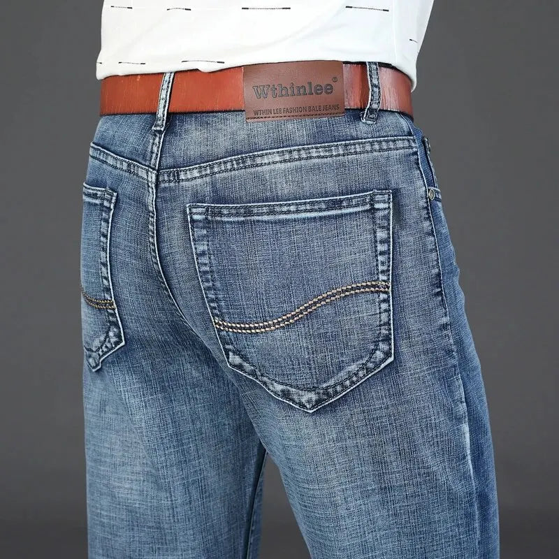 Men's Jeans Casual Straight Stretch Fashion Classic Blue Black Work Denim Trousers - PratSN