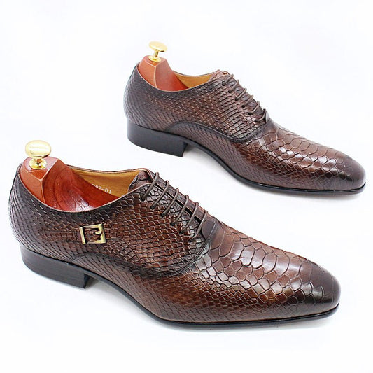 Men's Leather Snake Print Leather Shoes Business Dress Shoes - PratSN