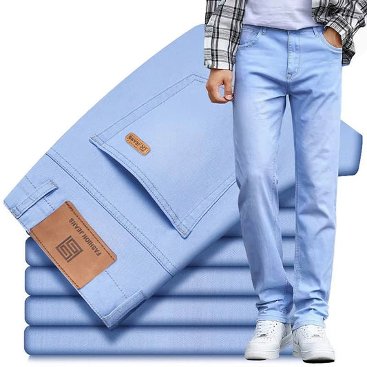 Men's Light Blue Slim Stretch Jeans Lyocell Thin Style Fashion Casual Ice silk Denim Pants - PratSN