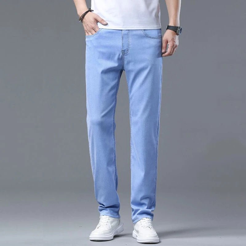 Men's Light Blue Slim Stretch Jeans Lyocell Thin Style Fashion Casual Ice silk Denim Pants - PratSN