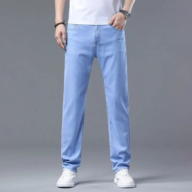 Men's Light Blue Slim Stretch Jeans Lyocell Thin Style Fashion Casual Ice silk Denim Pants - PratSN