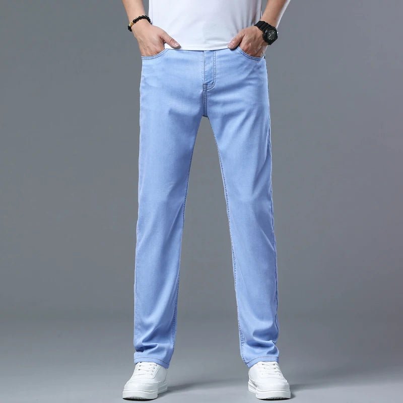 Men's Light Blue Slim Stretch Jeans Lyocell Thin Style Fashion Casual Ice silk Denim Pants - PratSN