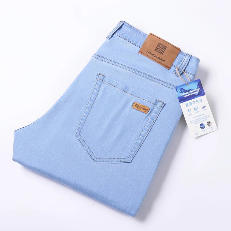 Men's Light Blue Slim Stretch Jeans Lyocell Thin Style Fashion Casual Ice silk Denim Pants - PratSN