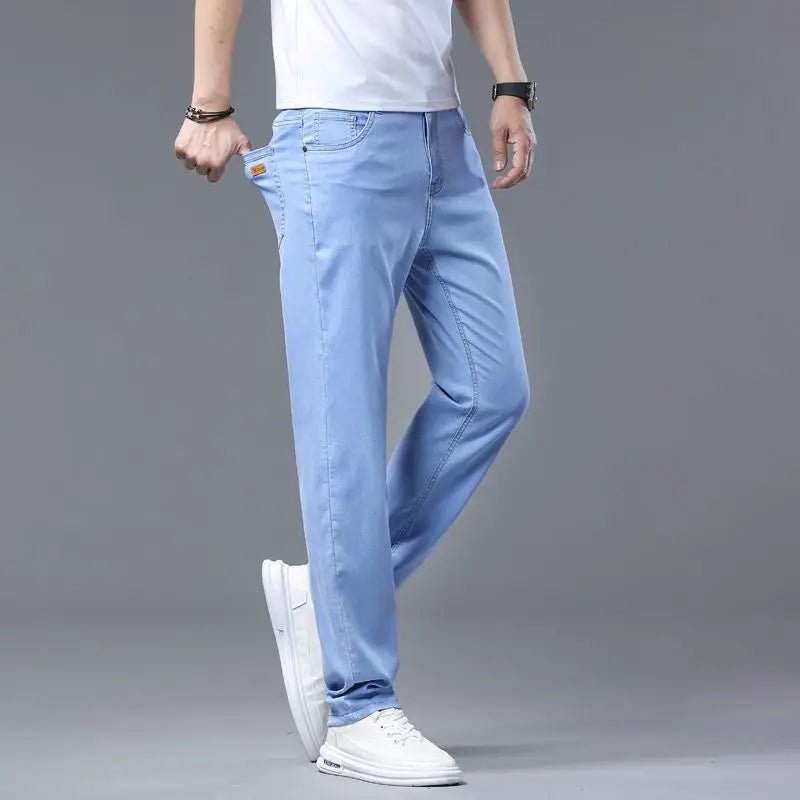 Men's Light Blue Slim Stretch Jeans Lyocell Thin Style Fashion Casual Ice silk Denim Pants - PratSN