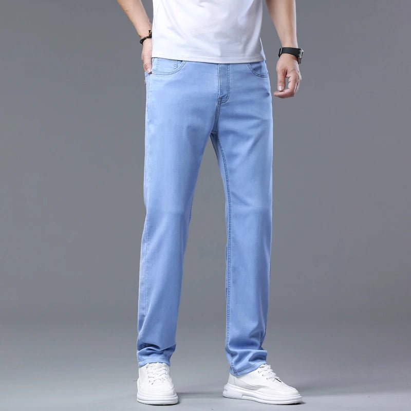 Men's Light Blue Slim Stretch Jeans Lyocell Thin Style Fashion Casual Ice silk Denim Pants - PratSN
